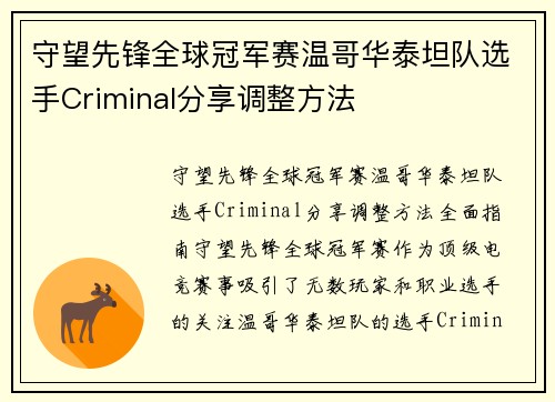 守望先锋全球冠军赛温哥华泰坦队选手Criminal分享调整方法